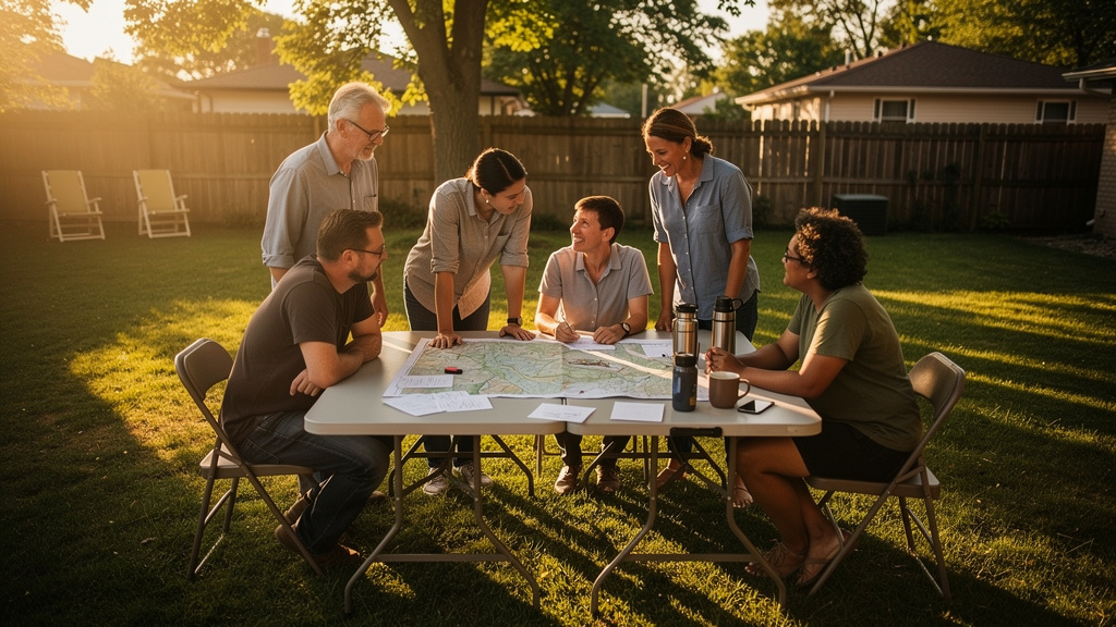 Neighbors gathered around a table in a backyard with maps and notes, planning together in the calm before a crisis rather than scrambling to connect after one