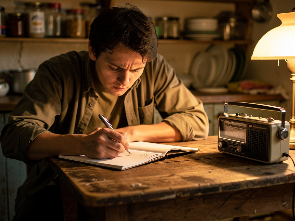 Person listening to a shortwave radio and taking handwritten notes at a kitchen table during an information-gathering session