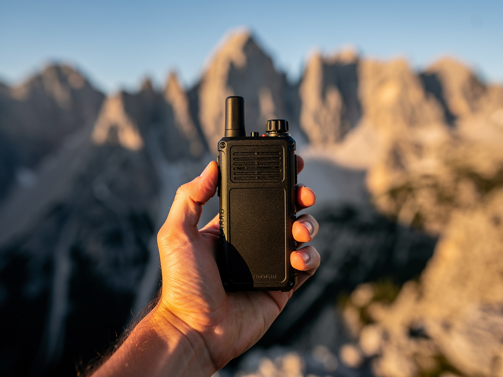 Hand holding a satellite communicator device outdoors against a clear mountain sky during emergency preparedness