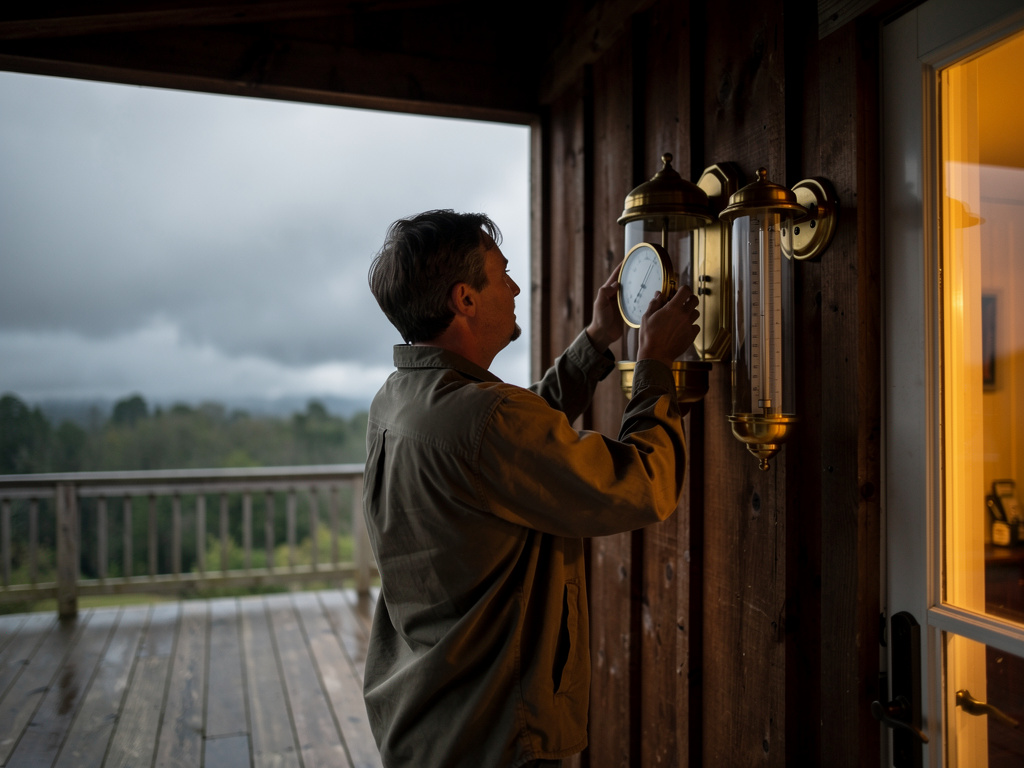 Person checking a barometer and rain gauge on a covered porch during overcast weather, monitoring conditions for emergency preparedness