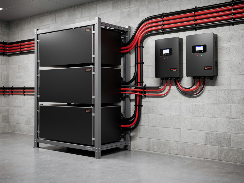 LiFePO4 server-rack batteries installed in a utility room with neatly routed cables and a charge controller on the wall, showing how a properly installed battery bank looks before commissioning