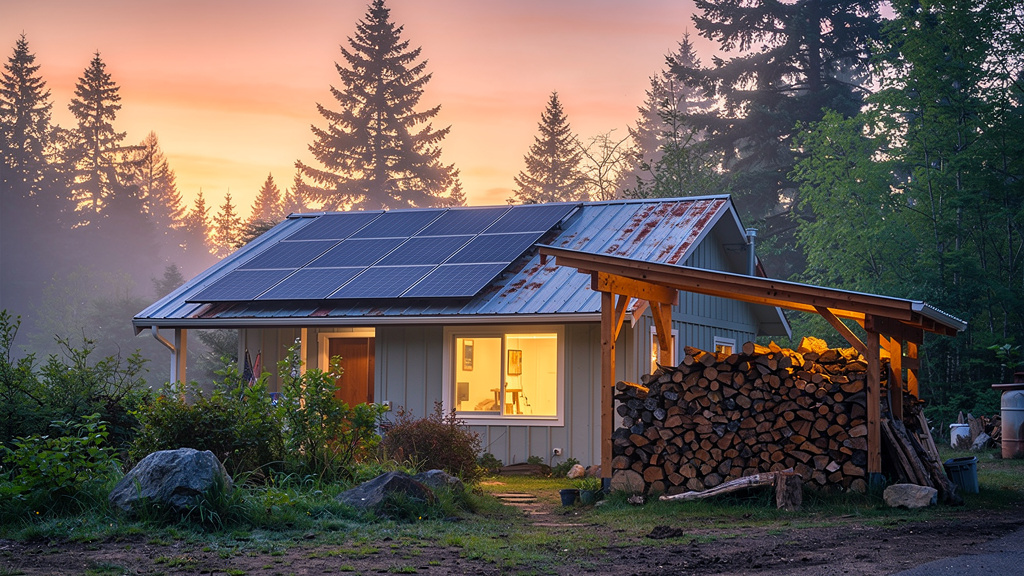Solar panels, battery banks, and a wood stove represent the three pillars of off-grid energy — generation, storage, and thermal independence