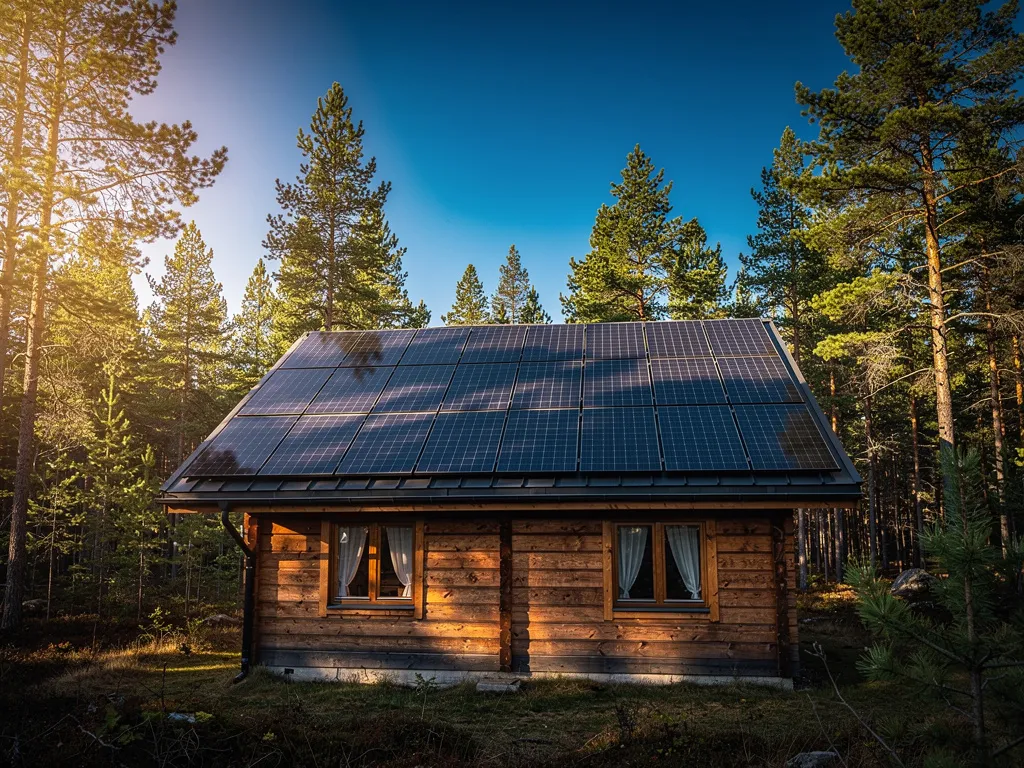 Rooftop solar panel array on a rural wooden cabin surrounded by pine trees, showing monocrystalline panels angled toward the sun — the kind of system this page teaches you to size and design