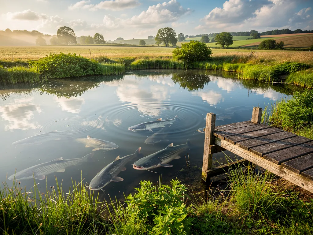 A small rural farm pond with fish visible near the surface and a simple wooden dock extending over calm water, illustrating the kind of productive aquaculture system a half-acre homestead pond can support