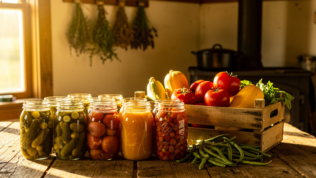 A homestead kitchen table with mason jars of preserved vegetables, fresh garden produce, and dried herbs — the foundation of food self-reliance