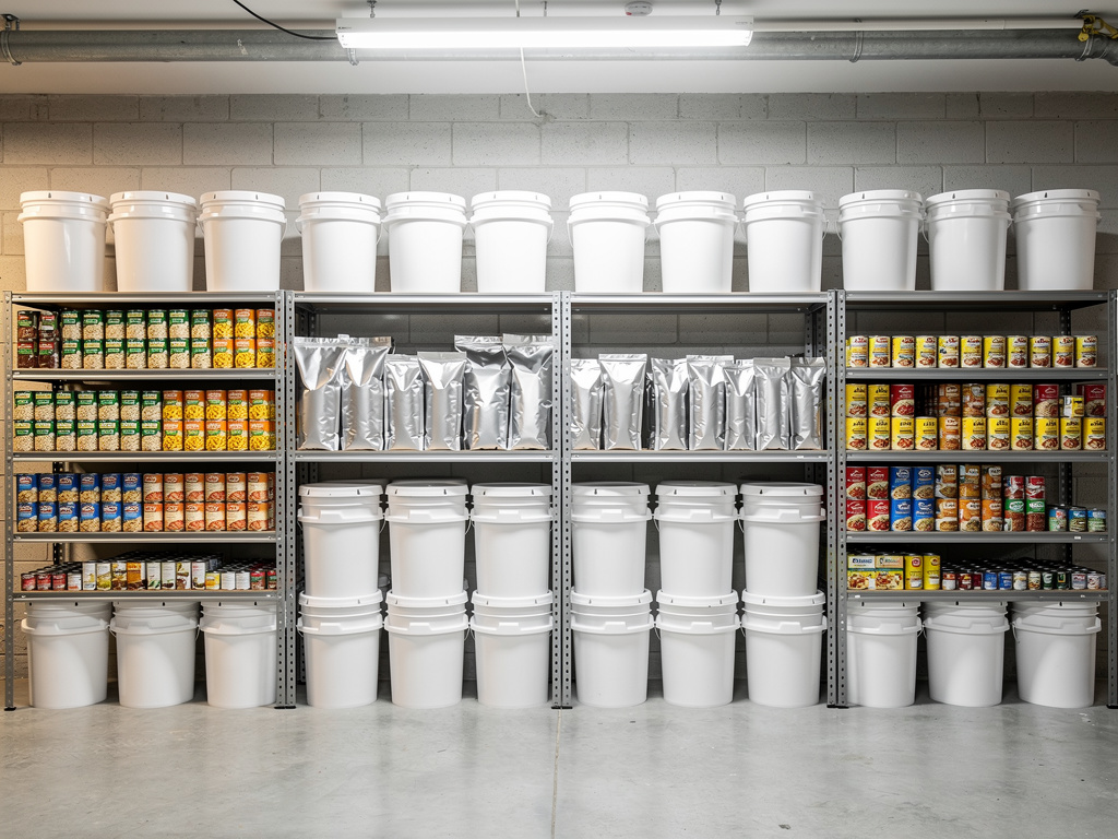 Organized emergency food storage shelves with labeled buckets, Mylar bags, and canned goods in rotation order