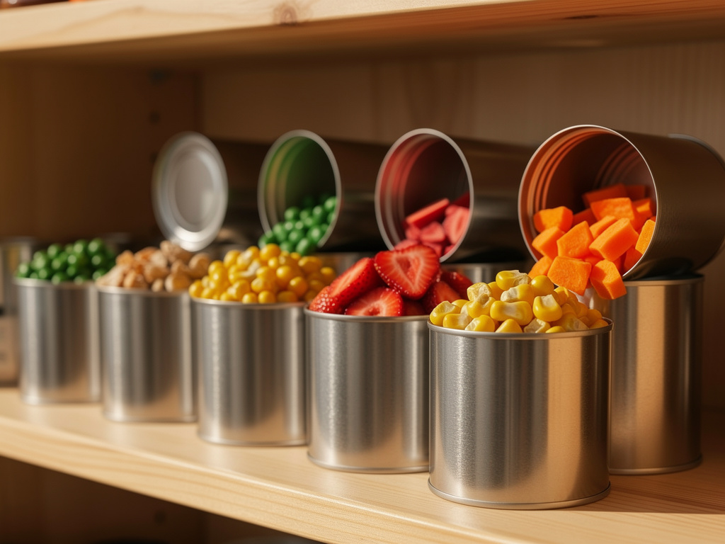 Sealed and open freeze-dried food cans on pantry shelves showing colorful dried contents