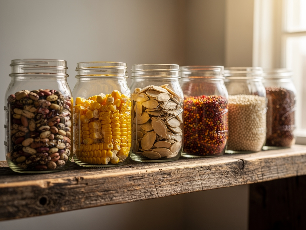 A row of clear glass mason jars filled with different saved garden seeds — beans, corn, squash, tomato, and pepper — on a rustic wooden shelf in natural window light, representing a well-organized household seed library