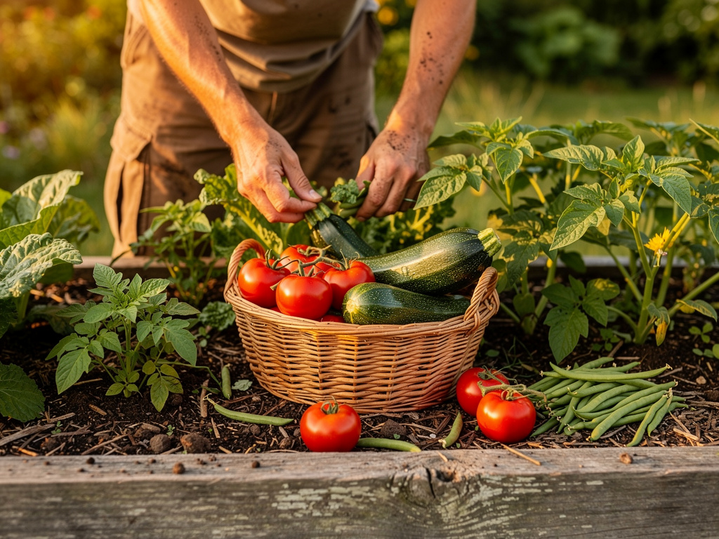 Person harvesting vegetables from a raised-bed survival garden with baskets of fresh produce