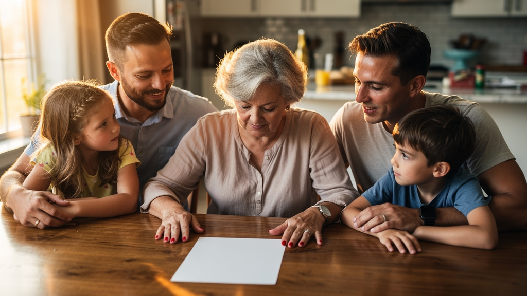 A multi-generational family — grandparent, two parents, and two children — gathered around a kitchen table reviewing a household emergency plan together, demonstrating that preparedness is a shared household responsibility
