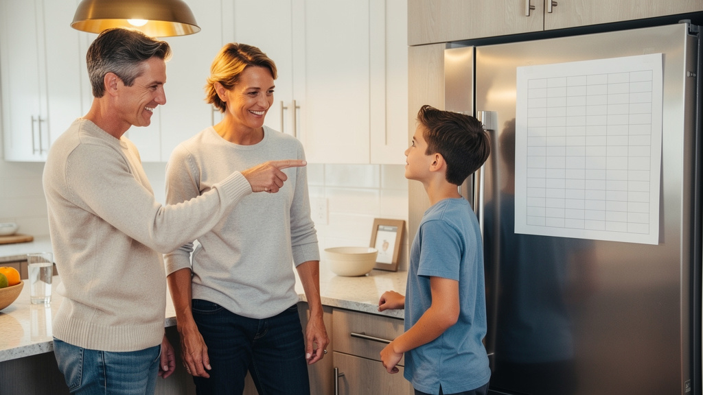 Two parents pointing to a blank grid chart on a refrigerator to explain household roles to their teenage child, illustrating how assigning clear responsibilities before a crisis prevents confusion when it matters most