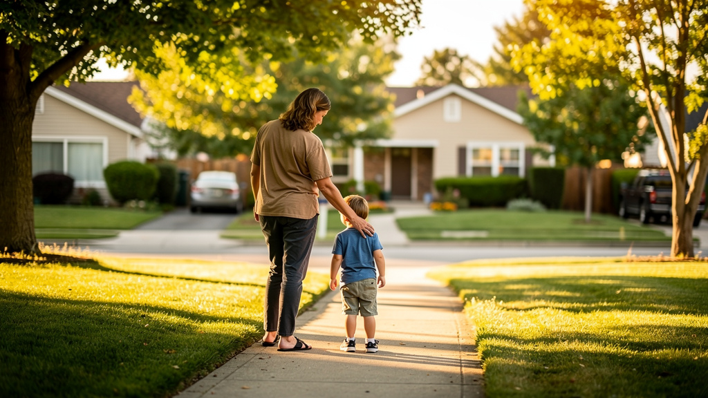A parent and young child standing on their sidewalk looking calmly down a suburban street toward a neighbor's house, illustrating how identifying rally points and communication routes in advance turns a chaotic neighborhood into a navigable network