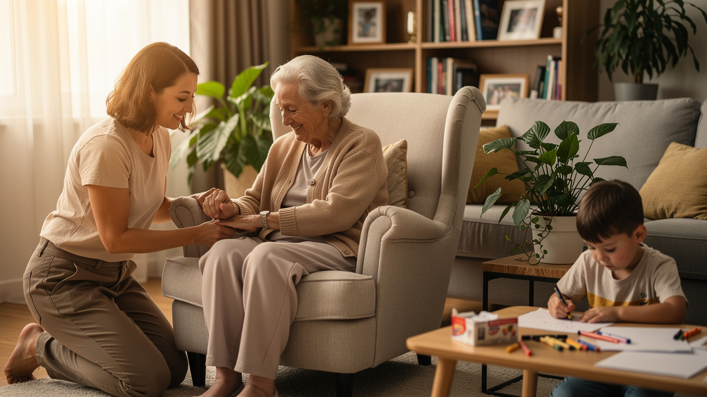 An adult checking an elderly grandparent's pulse in a comfortable living room armchair while a young child colors quietly in the background, showing that medical continuity and daily care for vulnerable household members is part of any realistic emergency plan
