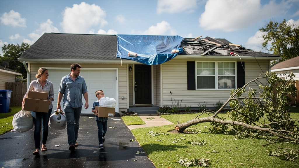 A family of three carrying boxes and bags up a driveway toward a house with a blue tarp over minor storm damage and a fallen branch in the yard, representing the recovery phase — the moment a family transitions from emergency response back to normal life