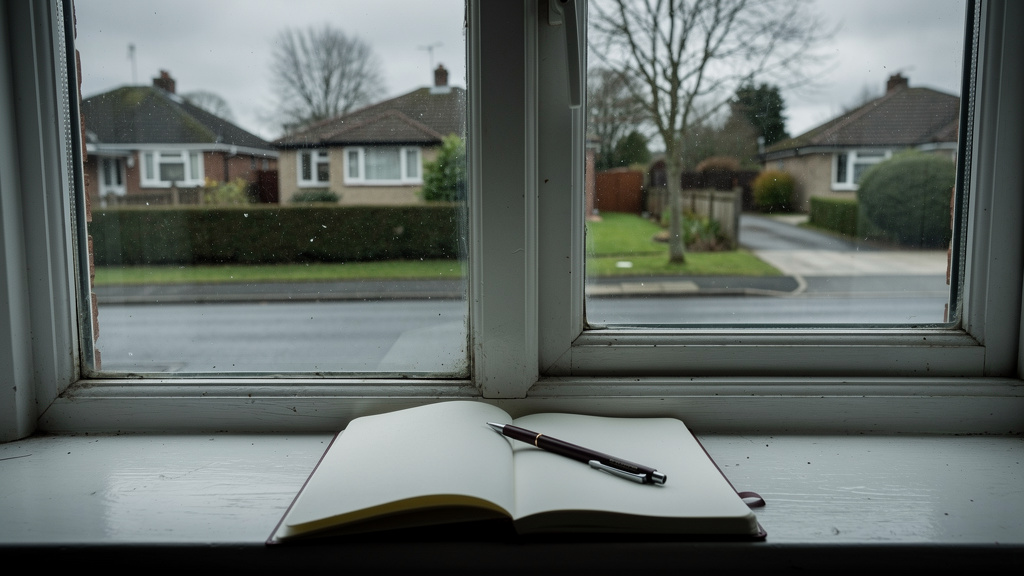 A notebook and pen on a residential windowsill overlooking a still, empty suburban street — the moment of situational assessment at the start of an emergency