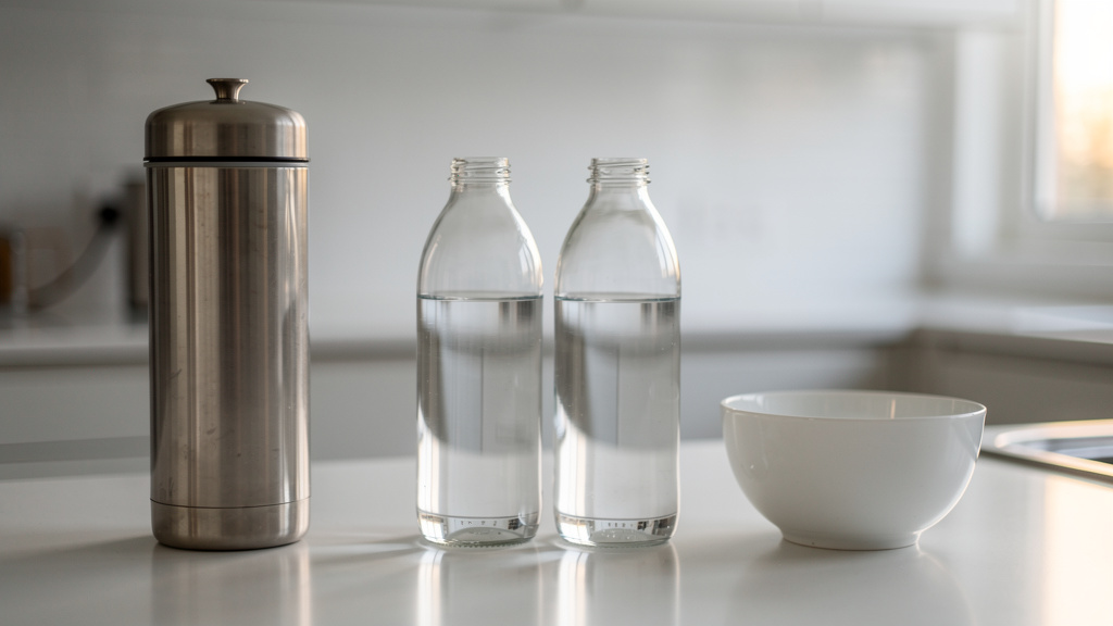 A gravity water filtration system with labeled containers in a row on a kitchen counter — systematic household water operations in a grid-down scenario