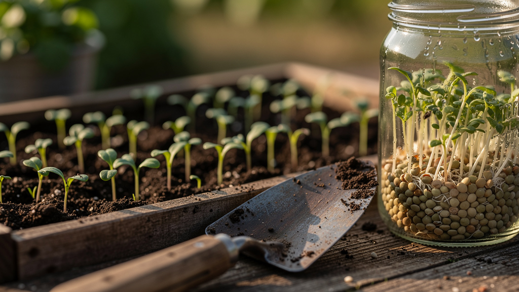 A raised garden bed with emerging seedlings and a glass jar of sprouting lentils — the beginning of food production in the adaptation phase