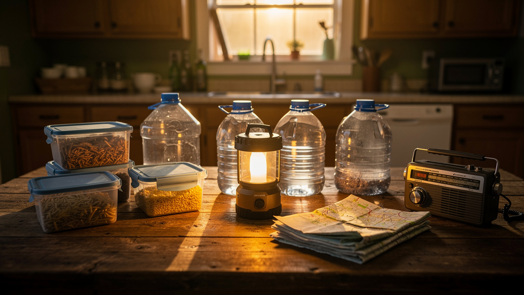 Organized preparedness supplies on a kitchen table — water jugs, food containers, a glowing battery lantern, folded maps, and a hand-crank radio in warm golden light