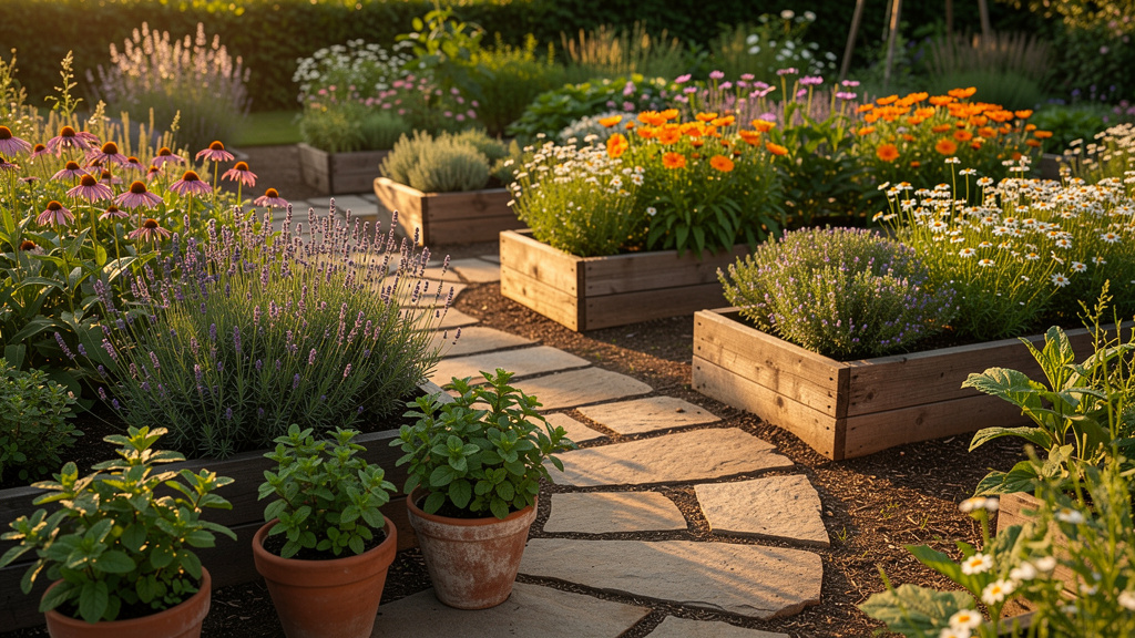 Lush raised-bed medicinal herb garden with lavender, echinacea, calendula, and chamomile overflowing wooden beds along a stone path, demonstrating the productive layout and plant density achievable with planned bed design