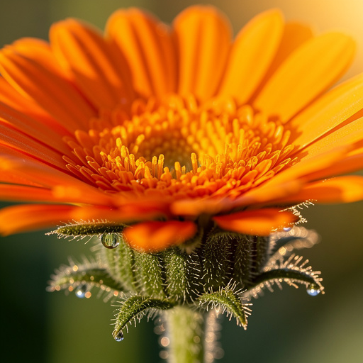 Calendula flower showing bright orange ray petals radiating from the center with sticky resinous green bracts and glandular hairs visible beneath — the resinous bracts are a key diagnostic feature distinguishing calendula from common Tagetes marigolds