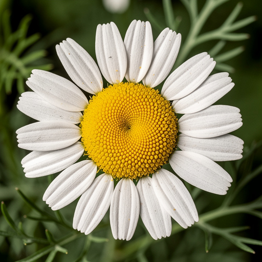 German chamomile flower showing white ray petals around the hollow raised yellow dome center — the hollow center (visible when the disc is viewed at an angle) and feathery thread-like leaves distinguish it from the scentless, solid-centered mayweed lookalike