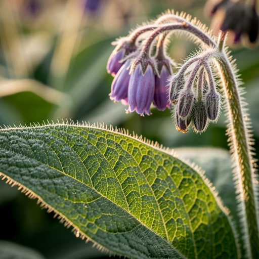 Comfrey leaves showing the coarse sandpaper-like texture from stiff bristle hairs covering both leaf surface and stem, with purple drooping bell-shaped flowers visible on an arching stem — the rough sandpaper texture is the critical distinction from the smooth-to-mildly-downy leaves of toxic foxglove