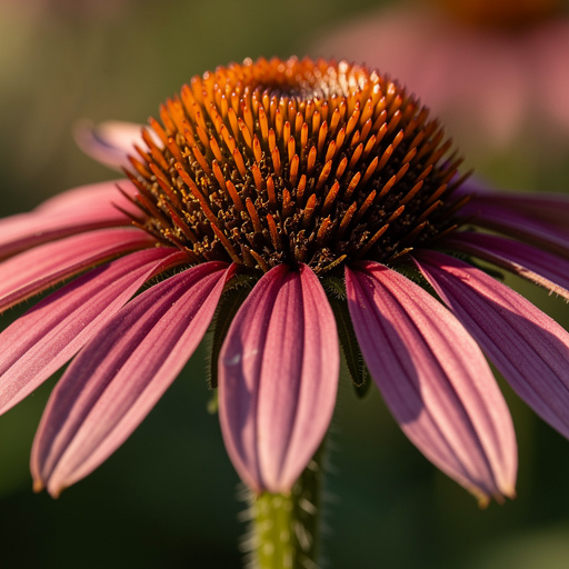 Echinacea purple coneflower showing the spiny orange-brown central cone surrounded by drooping magenta-pink ray petals — the raised dome and petal droop angle are the primary field identification features