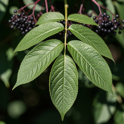 Elderberry compound leaf showing five to seven leaflets arranged pinnately on a central stem with clearly serrated edges, deep purple-black ripe berry clusters visible in the background — the compound leaf structure distinguishes elderberry from the single-leaved, highly toxic pokeweed