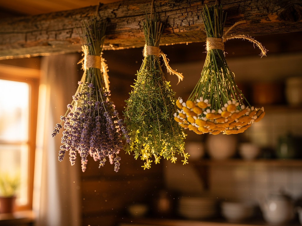 Bundles of lavender, thyme, and chamomile hanging upside down from a wooden beam tied with jute twine, demonstrating correct bundle size and spacing for air circulation during herb drying