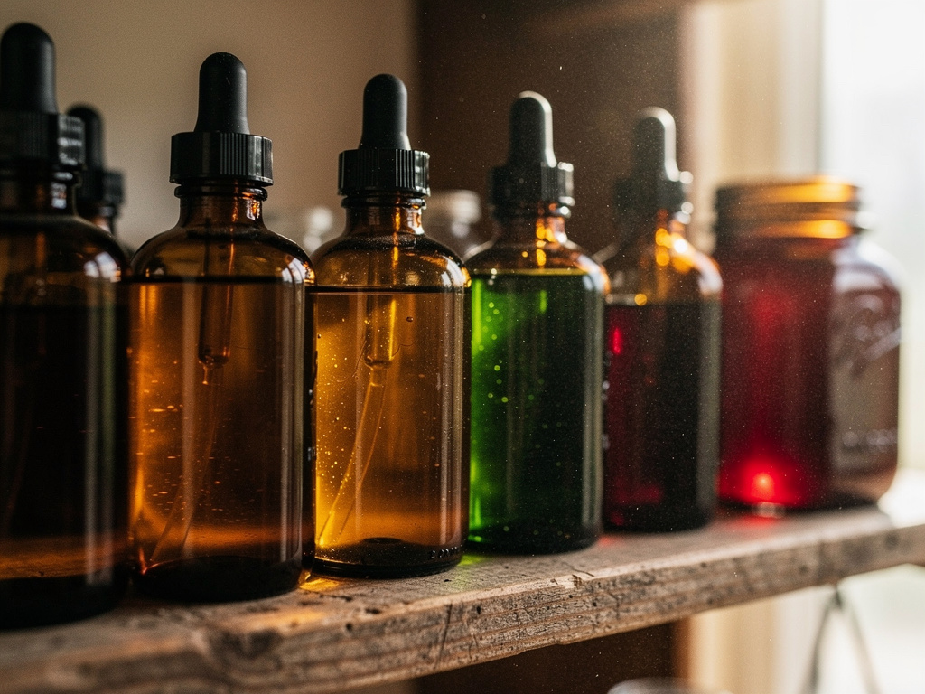 Amber glass dropper bottles and mason jars filled with herb tinctures in shades of deep gold, garnet, and forest green arranged on a wooden shelf, showing the variety of finished tinctures in a home apothecary