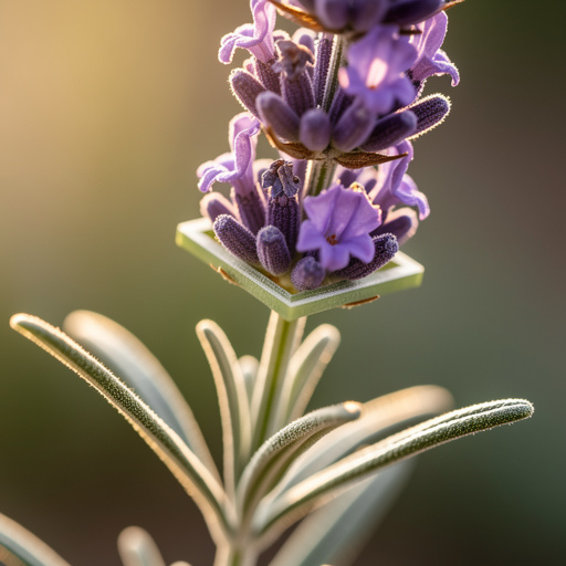 Lavender flower spike showing dense purple-violet whorled flowers on a square stem with narrow silver-grey-green leaves — the square stem cross-section identifies lavender as a mint-family plant