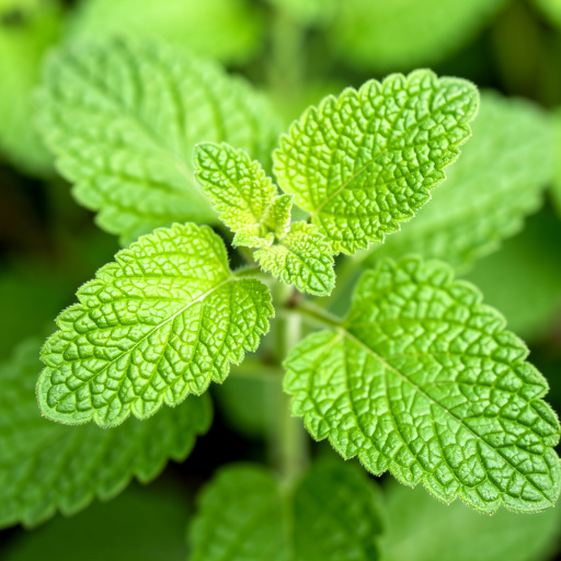 Lemon balm leaves showing the distinctive crinkled, wrinkled texture with toothed scalloped edges and prominent sunken veins — the leaf texture combined with the square stem and lemon scent when crushed are the three-part identification confirmation