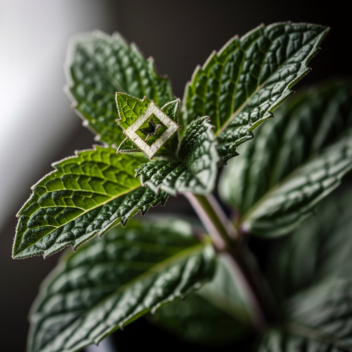 Peppermint showing toothed lance-shaped dark green leaves with prominent sunken veins and slightly purple-tinged undersides on a clearly square stem — the square stem cross-section marks it as a mint-family plant, while the intense cooling menthol scent when any part is crushed distinguishes peppermint from milder spearmint