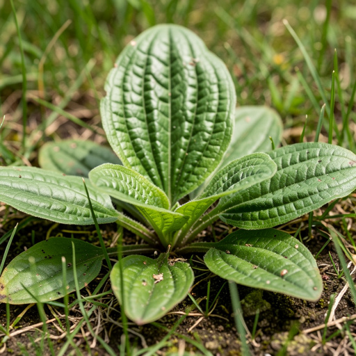 Broadleaf plantain leaves in a ground-hugging rosette showing five to seven prominent parallel veins running the full length of each oval leaf — the parallel vein pattern is unlike the branching veins of most leaves and makes this plant identifiable at a glance