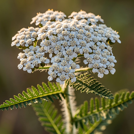Yarrow showing its flat-top white flower corymb of many tiny individual florets with finely divided feathery pinnate leaves and hairy stems visible below — the combination of hairy stem and fern-like leaves distinguishes yarrow from the smooth-stemmed, purple-blotched poison hemlock lookalike