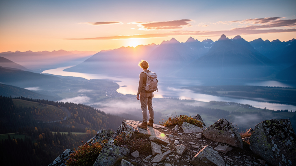 Lone figure from behind standing on a rocky ridge at dawn overlooking a misty valley, representing calm purposeful decision-making under pressure