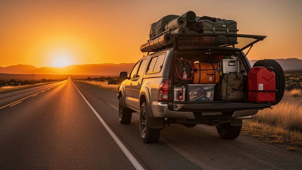Loaded 4WD truck parked on a rural highway at golden hour with evacuation supplies secured to roof rack, representing vehicle readiness for emergency departure