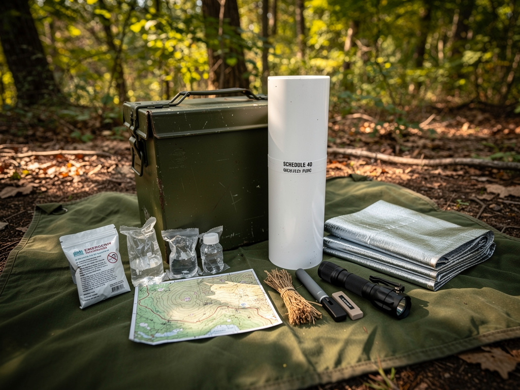 Waterproof cache containers with emergency supplies including food packets, water, maps, and flashlight laid out in a forest clearing