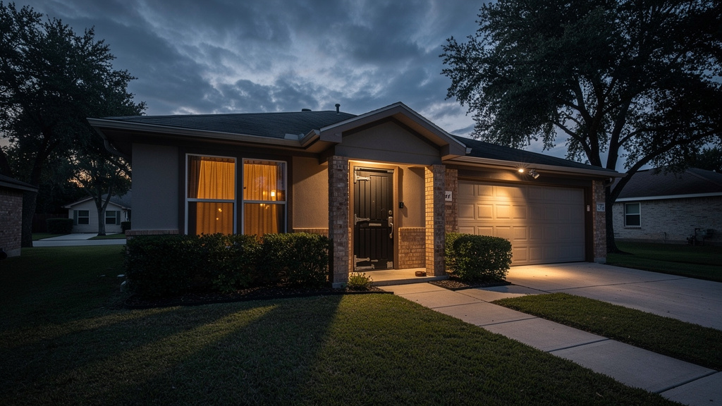 Reinforced home exterior at dusk with warm interior lights and security hardware visible, illustrating the layered physical deterrence approach to home security