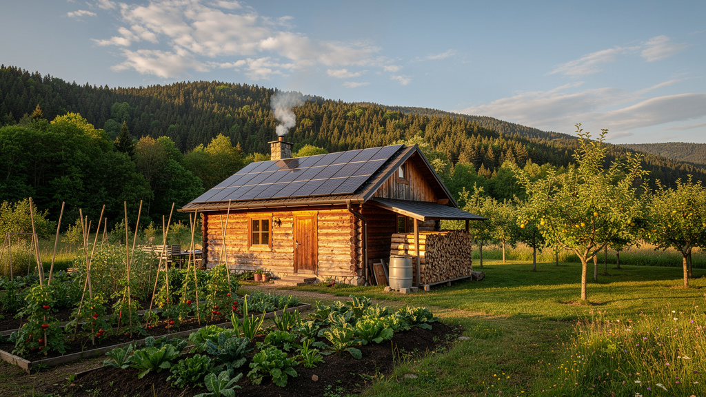 A self-reliant homestead at forest's edge — timber cabin, vegetable garden, solar panels, and orchard in golden afternoon light representing the 12 Foundations of self-reliance