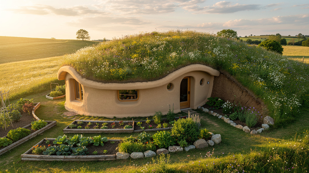 Rounded cob earthen home with organic curved walls and living roof, built into a hillside with surrounding garden beds