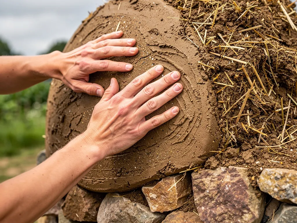Hands pressing wet cob mixture containing clay, sand, and visible straw strands onto a curved earthen wall under construction, showing the hand-sculpted texture of monolithic cob building