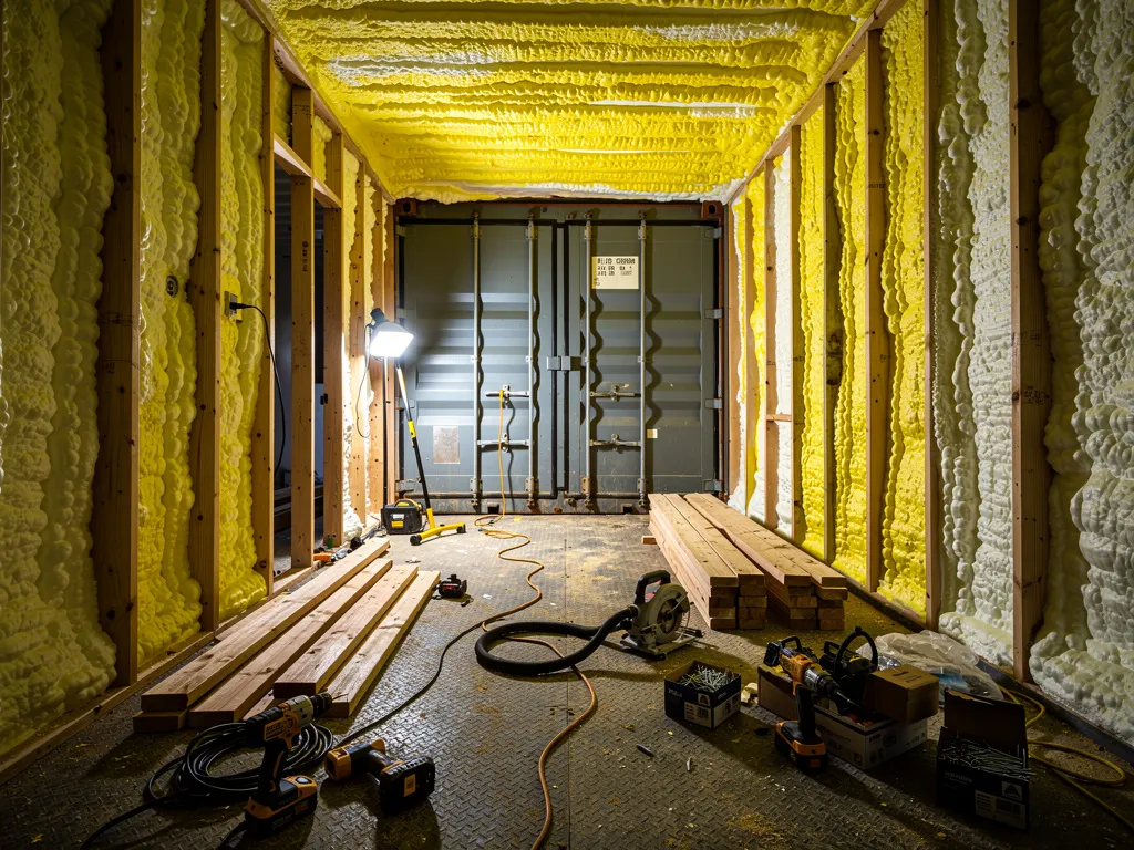 Interior of a shipping container under conversion showing closed-cell spray foam insulation applied to corrugated metal walls, wood framing studs, and construction tools on the floor