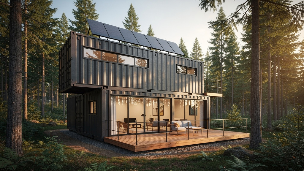 Modern off-grid shipping container home with stacked containers, large windows, and solar panels surrounded by forest