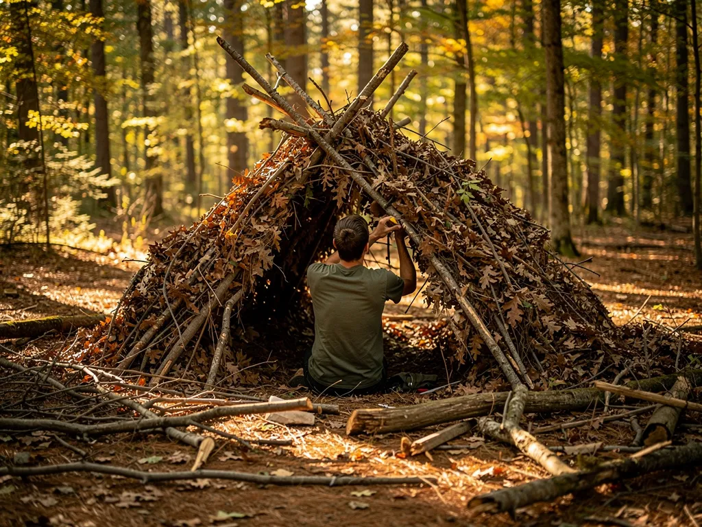 Person stacking debris onto a leaning ridgepole frame in a mixed forest, demonstrating the layering technique for building an insulated debris hut