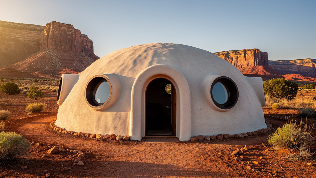 Earthbag dome home with smooth plastered exterior and round windows set in a desert landscape
