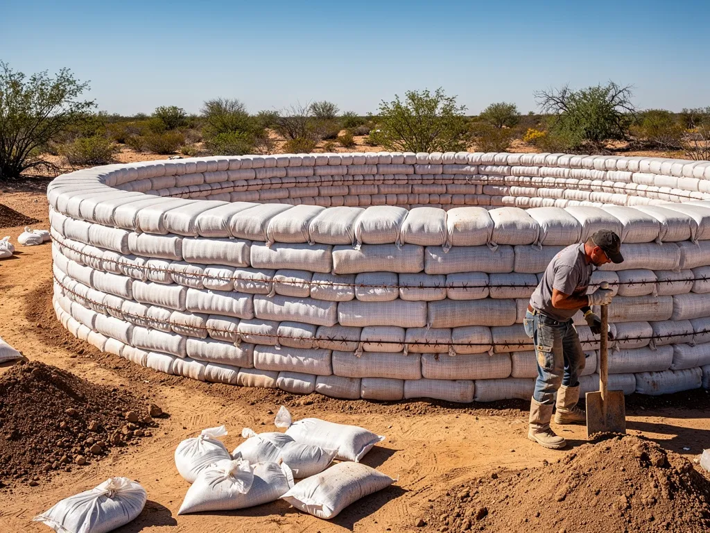 Polypropylene earthbags being tamped and stacked into curved walls with barbed wire courses visible between bag layers, showing the owner-builder construction method in progress