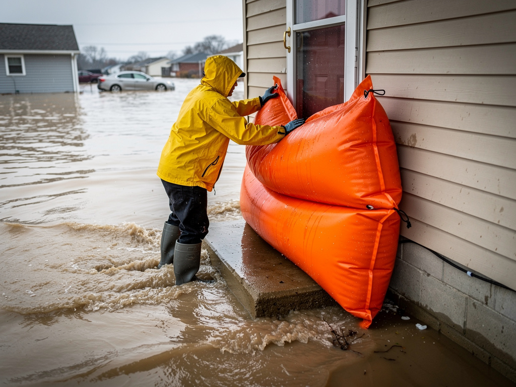 Orange water-filled flood barrier tubes being positioned at a building doorway to block rising floodwater, demonstrating rapid deployment of temporary flood protection before inundation reaches the structure
