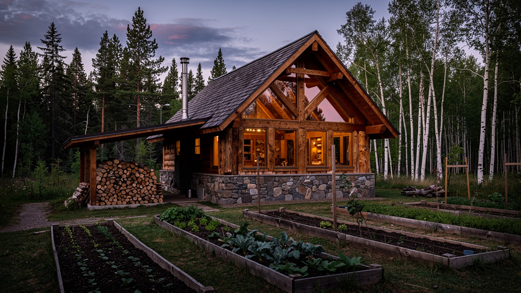 A rustic timber frame cabin at dusk with stone foundation, stacked firewood under a lean-to, and raised garden beds — the foundations of off-grid shelter