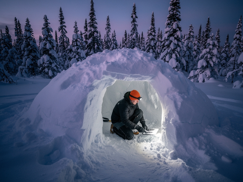 Person in winter gear hollowing out a snow mound with a flat shovel to form a quinzhee shelter, headlamp beam illuminating the interior cavity